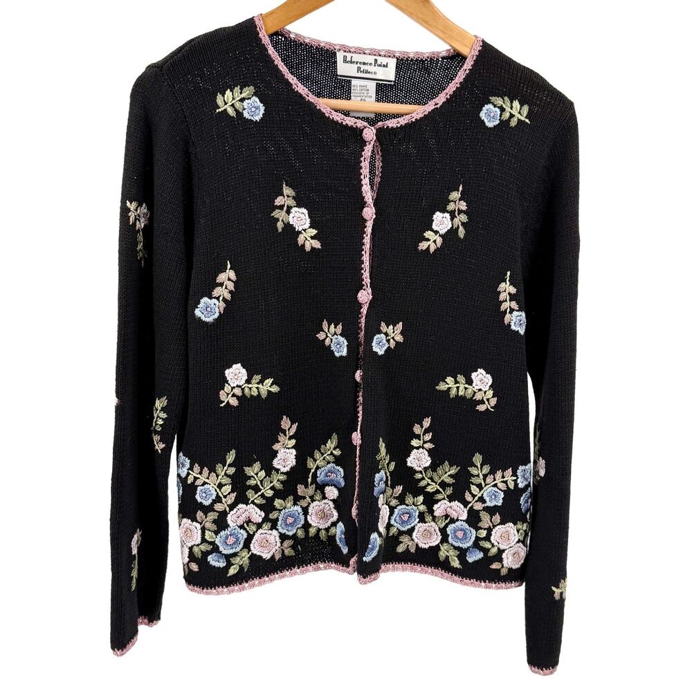 Vintage 90s Reference Point Petites Black Floral Embroidered Cardigan
